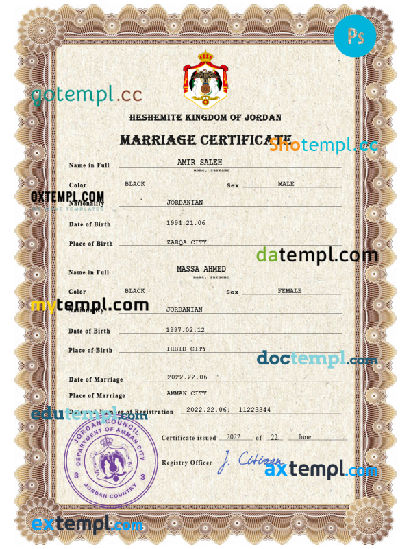 Jordan marriage certificate PSD template, completely editable