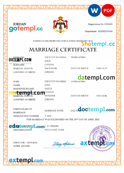 Jordan marriage certificate Word and PDF template, completely editable