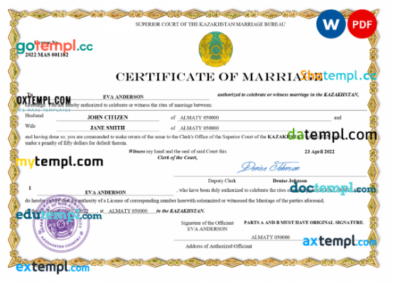 Kazakhstan marriage certificate Word and PDF template, fully editable