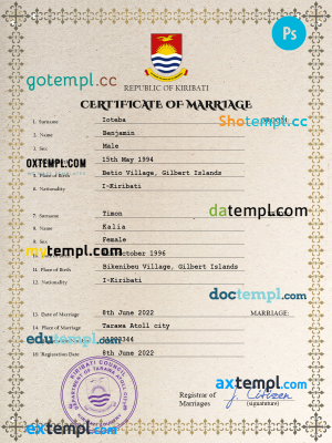 Kiribati marriage certificate PSD template, fully editable