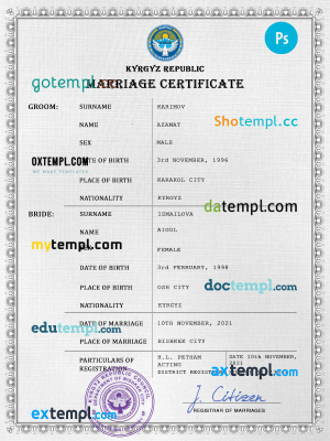 Kyrgyzstan marriage certificate PSD template, fully editable