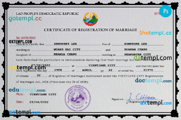 Laos marriage certificate PSD template, completely editable