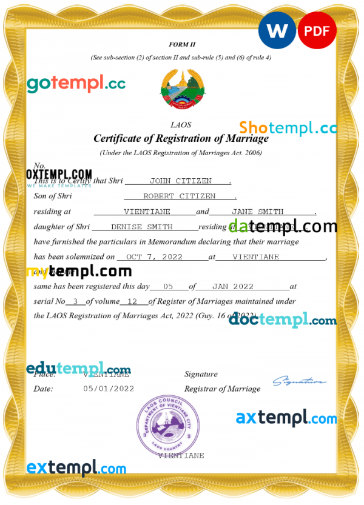 Laos marriage certificate Word and PDF template, completely editable