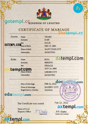 Lesotho marriage certificate PSD template, fully editable