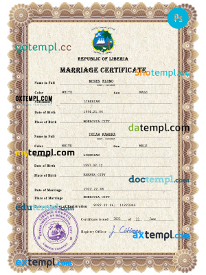 Liberia marriage certificate PSD template, completely editable