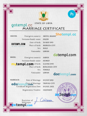 Libya marriage certificate PSD template, fully editable