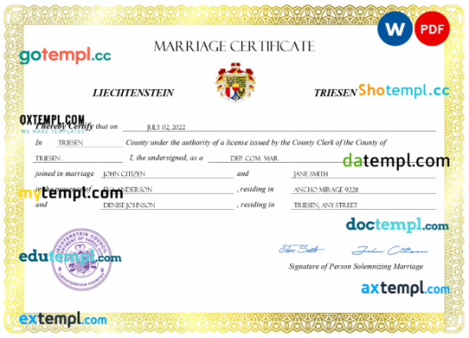 Liechtenstein marriage certificate Word and PDF template, completely editable