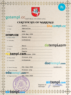 Lithuania marriage certificate PSD template, fully editable