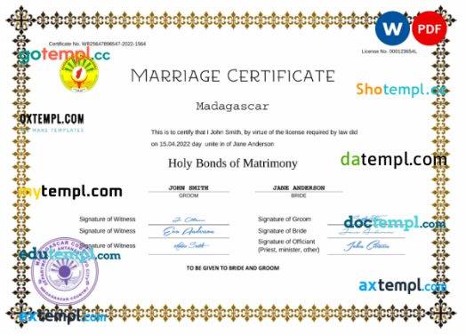 Madagascar marriage certificate Word and PDF template, fully editable