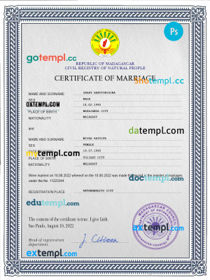 Madagascar marriage certificate PSD template, completely editable