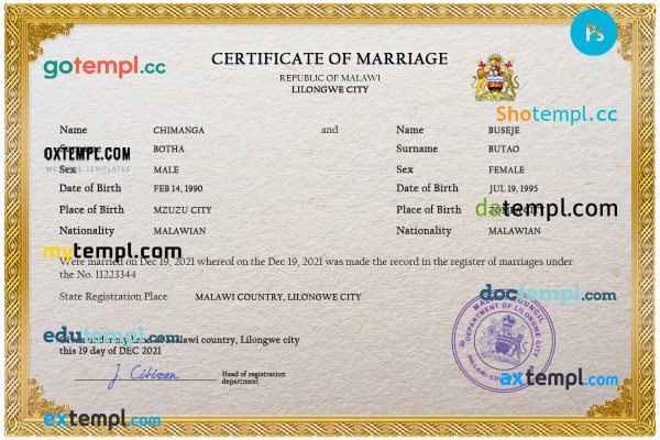 Malawi marriage certificate PSD template, fully editable