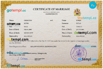 Malawi marriage certificate PSD template, fully editable