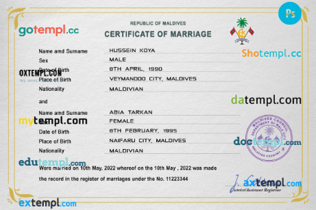 Maldives marriage certificate PSD template, fully editable