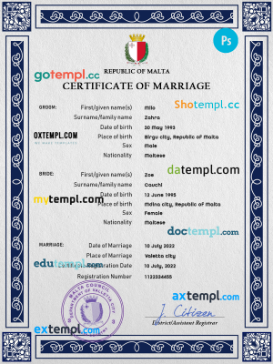 Malta marriage certificate PSD template, fully editable