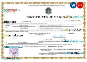 Marshall Islands marriage certificate Word and PDF template, fully editable
