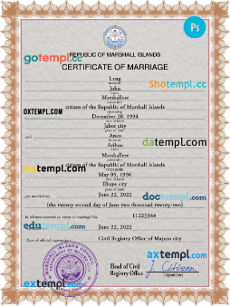 Marshall Islands marriage certificate PSD template, completely editable