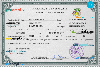 Mauritius marriage certificate PSD template, completely editable