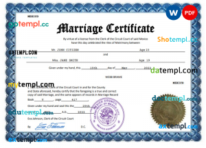 Mexico marriage certificate Word and PDF template, completely editable