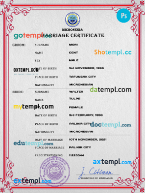 Micronesia marriage certificate PSD template, completely editable