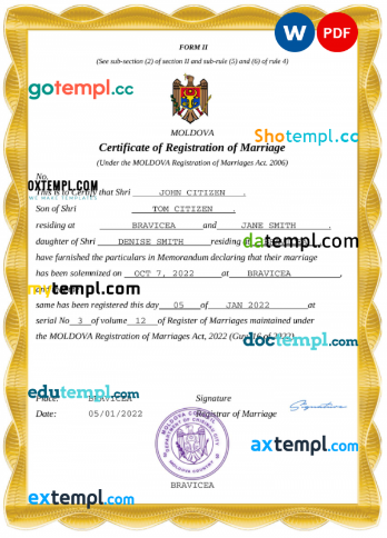 Moldova marriage certificate Word and PDF template, completely editable