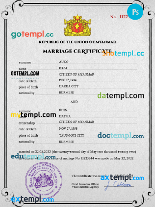 Myanmar marriage certificate PSD template, fully editable