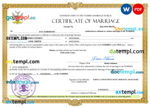 Namibia marriage certificate Word and PDF template, fully editable
