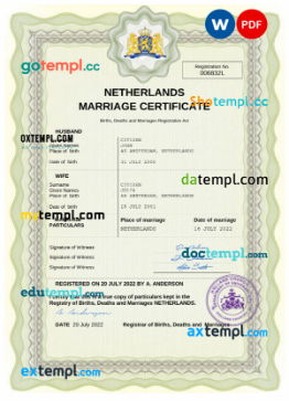 Netherlands marriage certificate Word and PDF template, fully editable