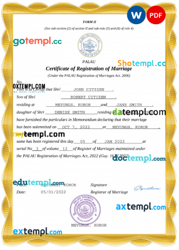 Palau marriage certificate Word and PDF template, completely editable