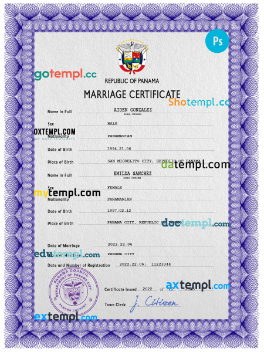 Panama marriage certificate PSD template, completely editable