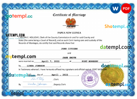 Papua New Guinea marriage certificate Word and PDF template, fully editable