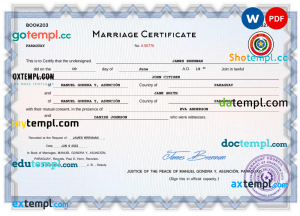 Paraguay marriage certificate Word and PDF template, completely editable