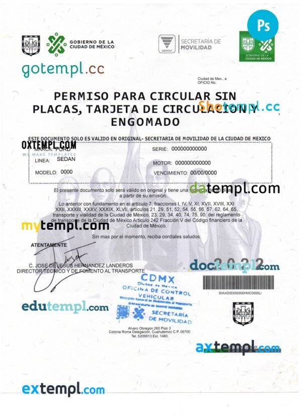 Mexico Permiso Para Circular Sin Placas PSD template, fully editable