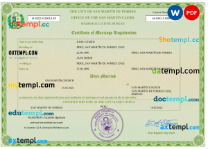 Peru marriage certificate Word and PDF template, fully editable