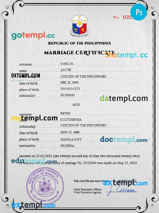 Philippines marriage certificate PSD template, completely editable