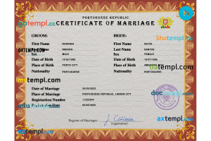 Portugal marriage certificate PSD template, fully editable