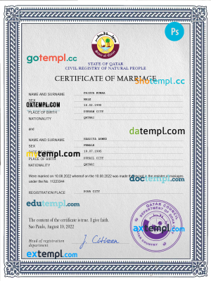 Qatar marriage certificate PSD template, completely editable