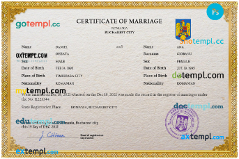 Romania marriage certificate PSD template, fully editable