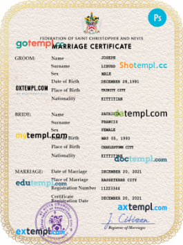 Saint Kitts and Nevis marriage certificate PSD template, fully editable