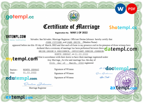 Salvador marriage certificate Word and PDF template, completely editable