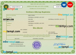 green universal marriage certificate Word and PDF template, fully editable