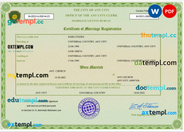# green universal marriage certificate Word and PDF template, fully editable