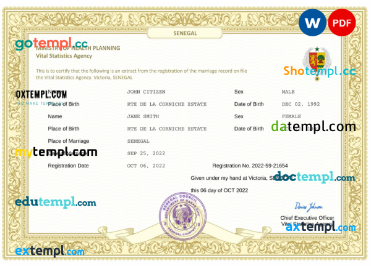 Senegal marriage certificate Word and PDF template, fully editable