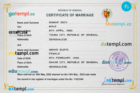 Senegal marriage certificate PSD template, completely editable