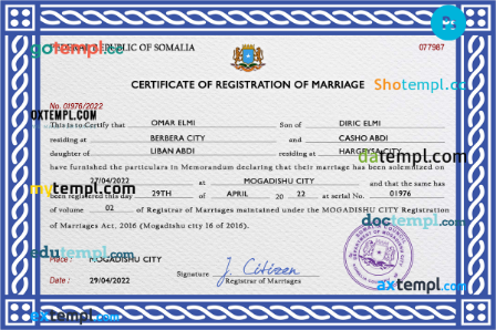 Somalia marriage certificate PSD template, fully editable