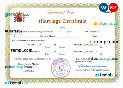 Spain marriage certificate Word and PDF template, fully editable