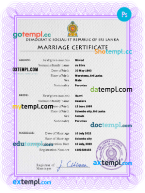 Sri Lanka marriage certificate PSD template, completely editable