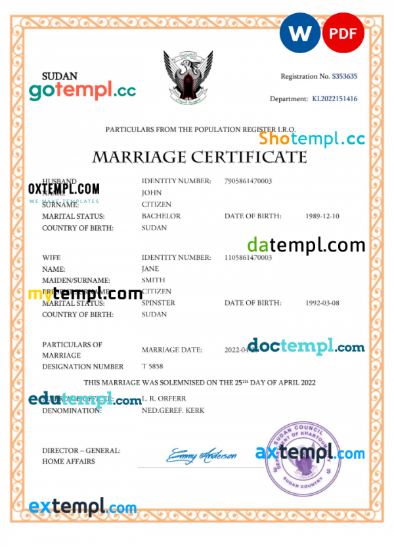 Sudan marriage certificate Word and PDF template, fully editable