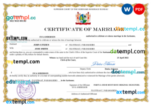 Suriname marriage certificate Word and PDF template, completely editable