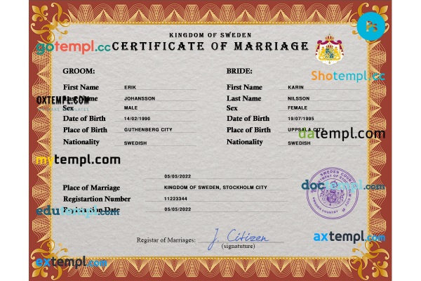 Sweden marriage certificate PSD template, fully editable