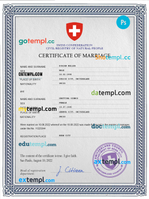 Switzerland marriage certificate PSD template, completely editable